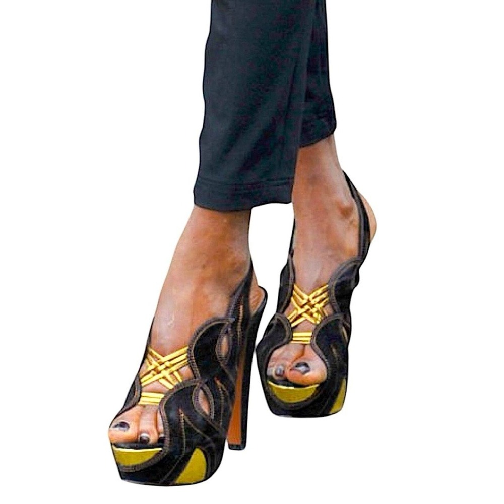Alaïa Black Suede & Gold Flames Sky High Slingback Pumps W/Colored Stitching 8.5